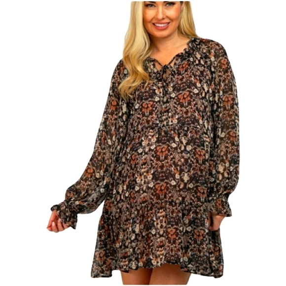 Dress Forum Neutral Long Sleeve Midi Dress Tiered Ruffled  Flowy - Picture 2 of 13